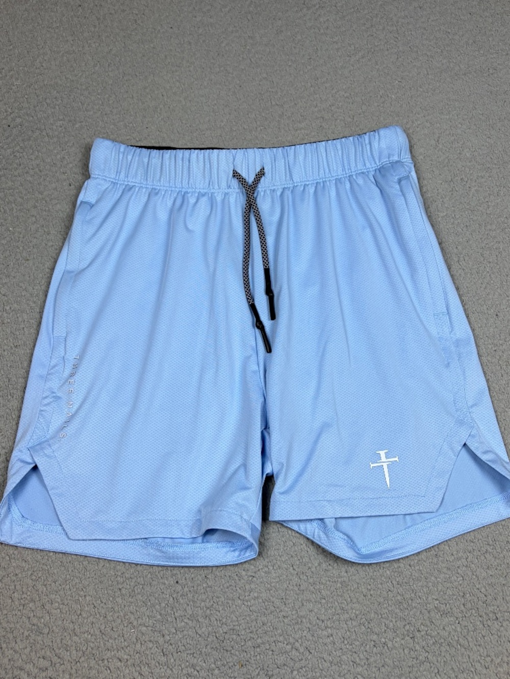 Three Nails Athletic Shorts Size Small Blue Unlined Drawstring Workout Logo